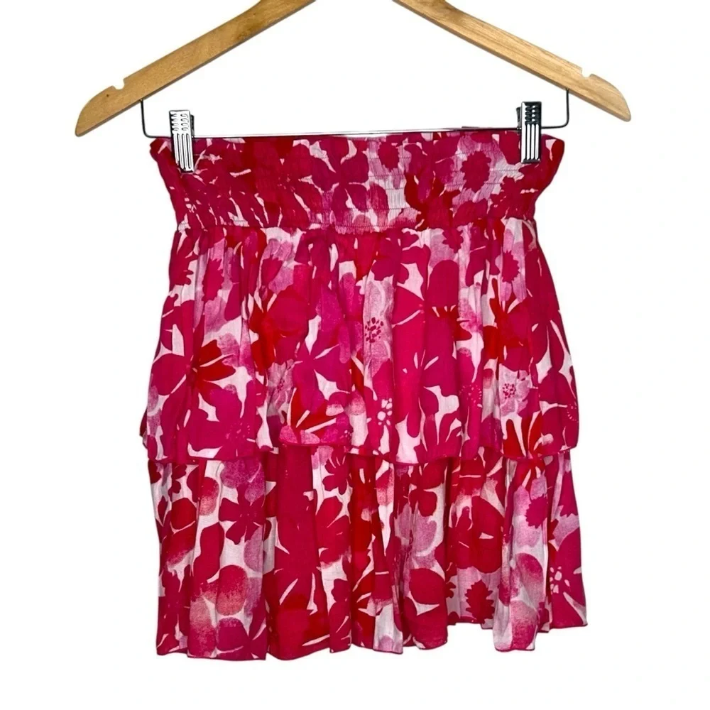 TIARE HAWAII OLIVIA Mini SKIRT in Fiji Flowers Pink Smocked Waistband XS/S